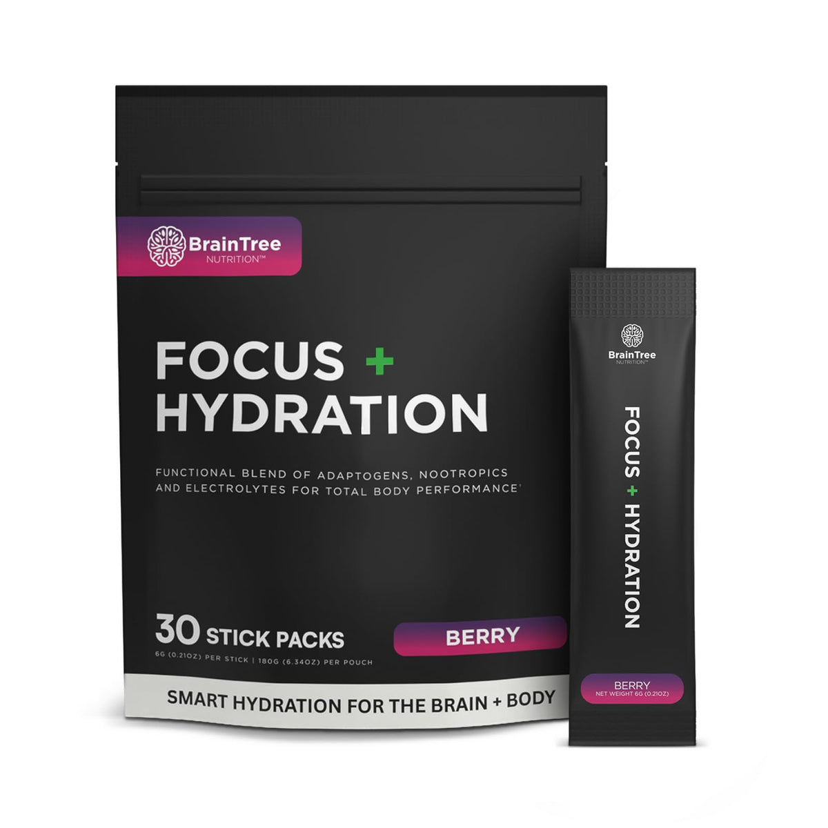 BrainTree Nutrition Focus + Hydration berry stick pour for on-the-go focus
