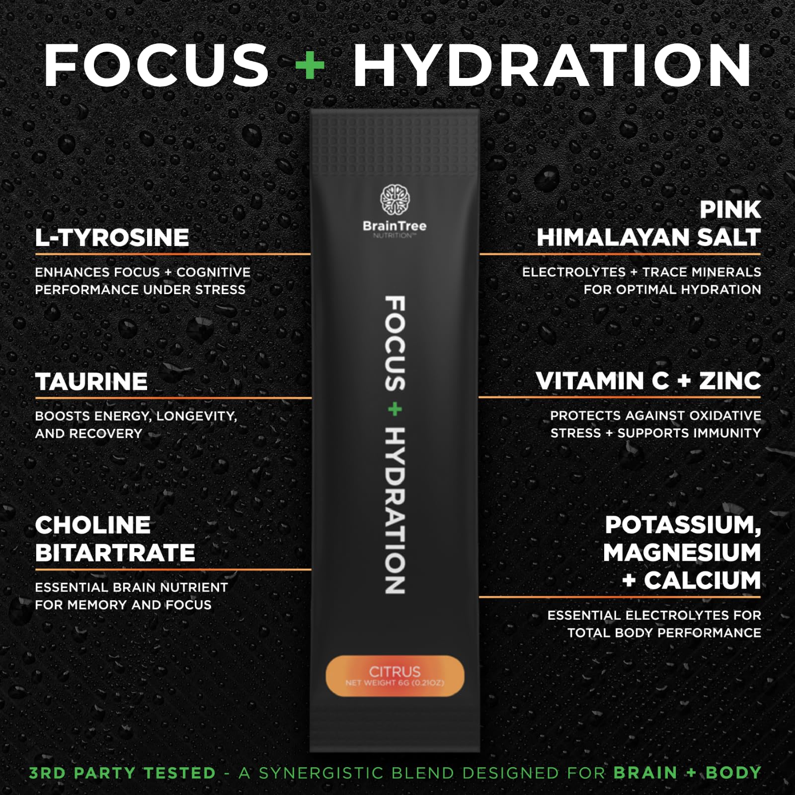 BrainTree zero-sugar citrus flavor packet for sugar-free hydration.