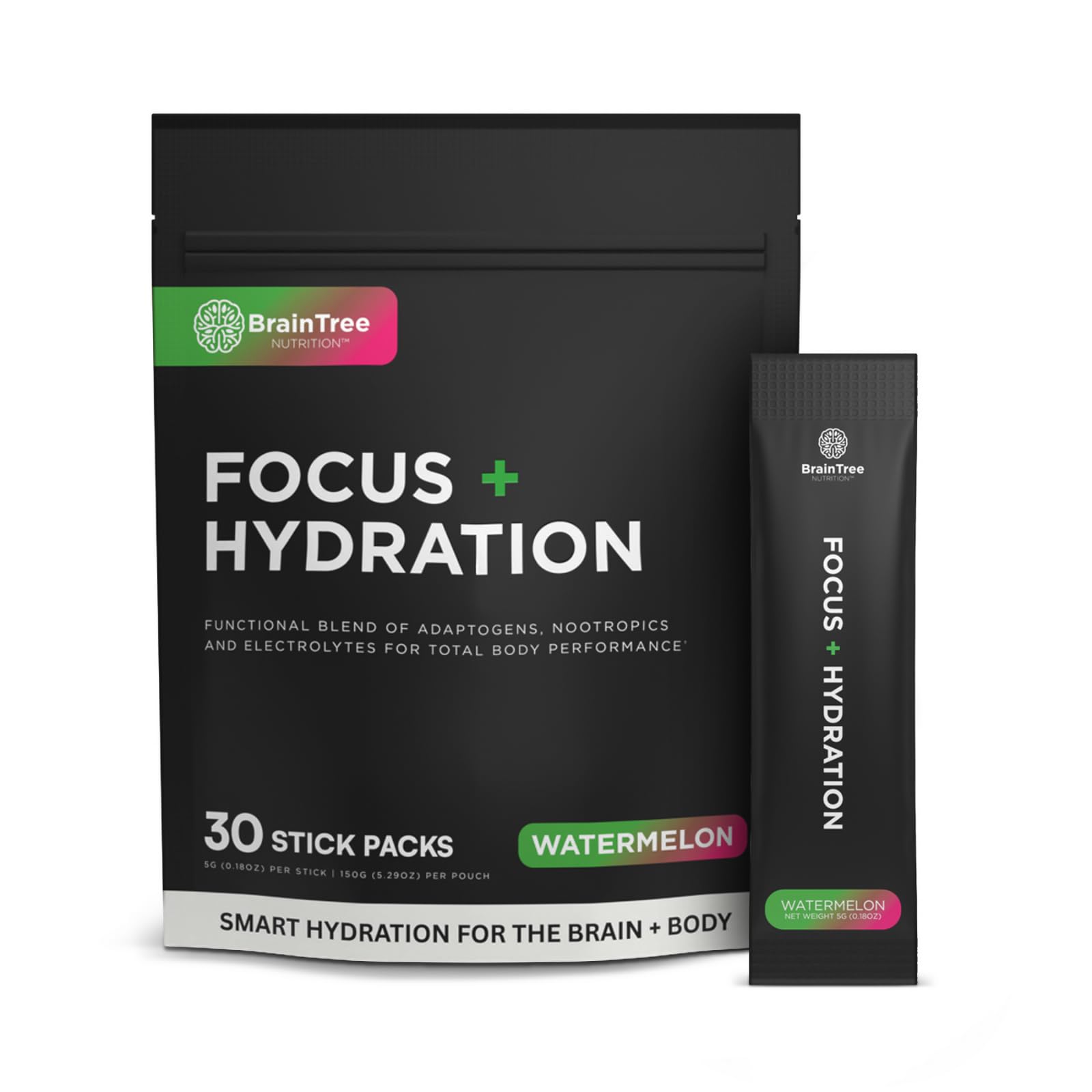 BrainTree Nutrition Focus + Hydration Watermelon stick-pack ready to mix for on-the-go hydration.
