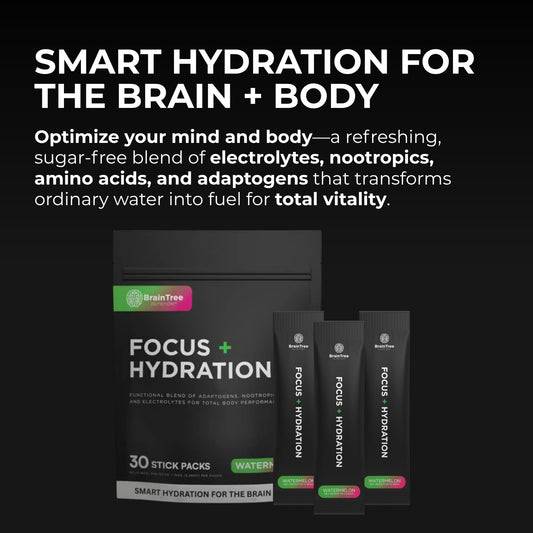 BrainTree Nutrition Watermelon drink mix dissolving in water for a refreshing lift.