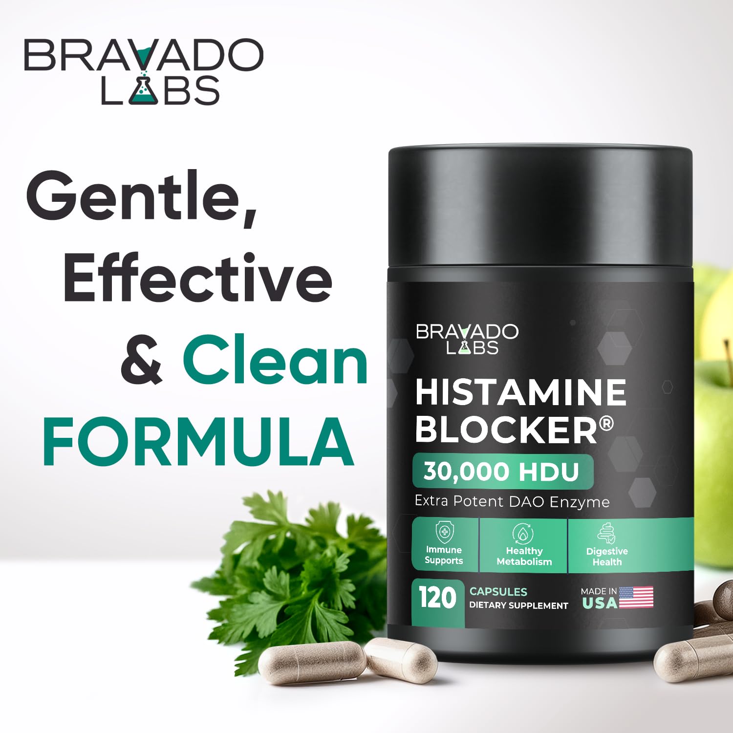 Bravado Labs DAO Supplements Histamine Blocker bottle back shows supplement facts and purity