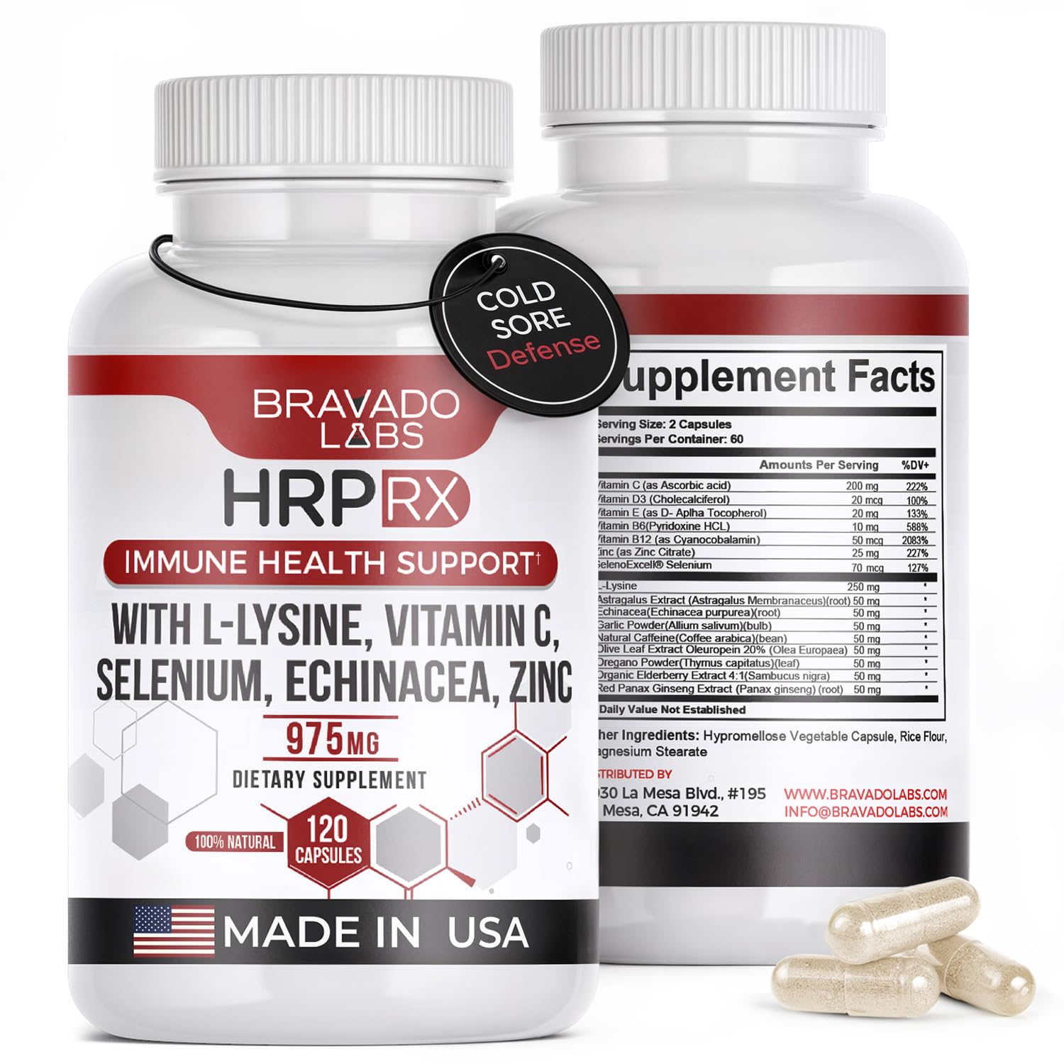 Bravado Labs L-Lysine capsules bottle for immune support and daily wellness.