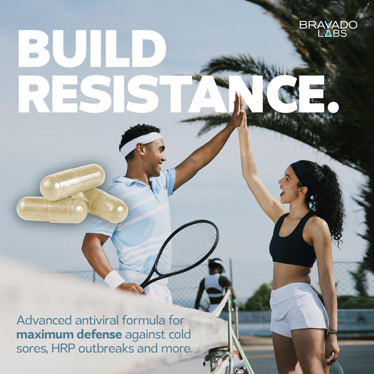 Bravado Labs L-Lysine capsules pour demonstrating easy daily dosage for immune support.