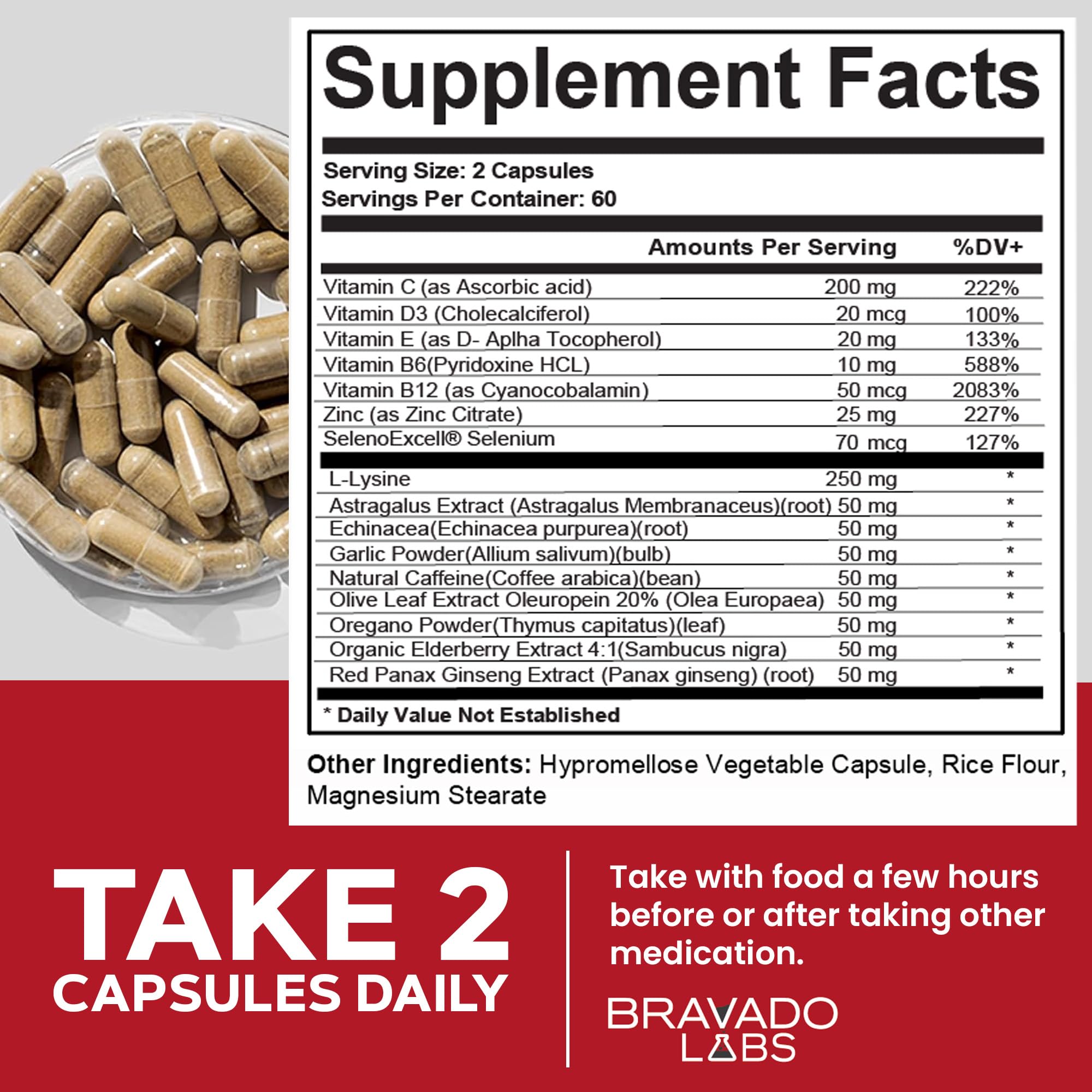 Bravado Labs L-Lysine capsules third-party tested badge on label.
