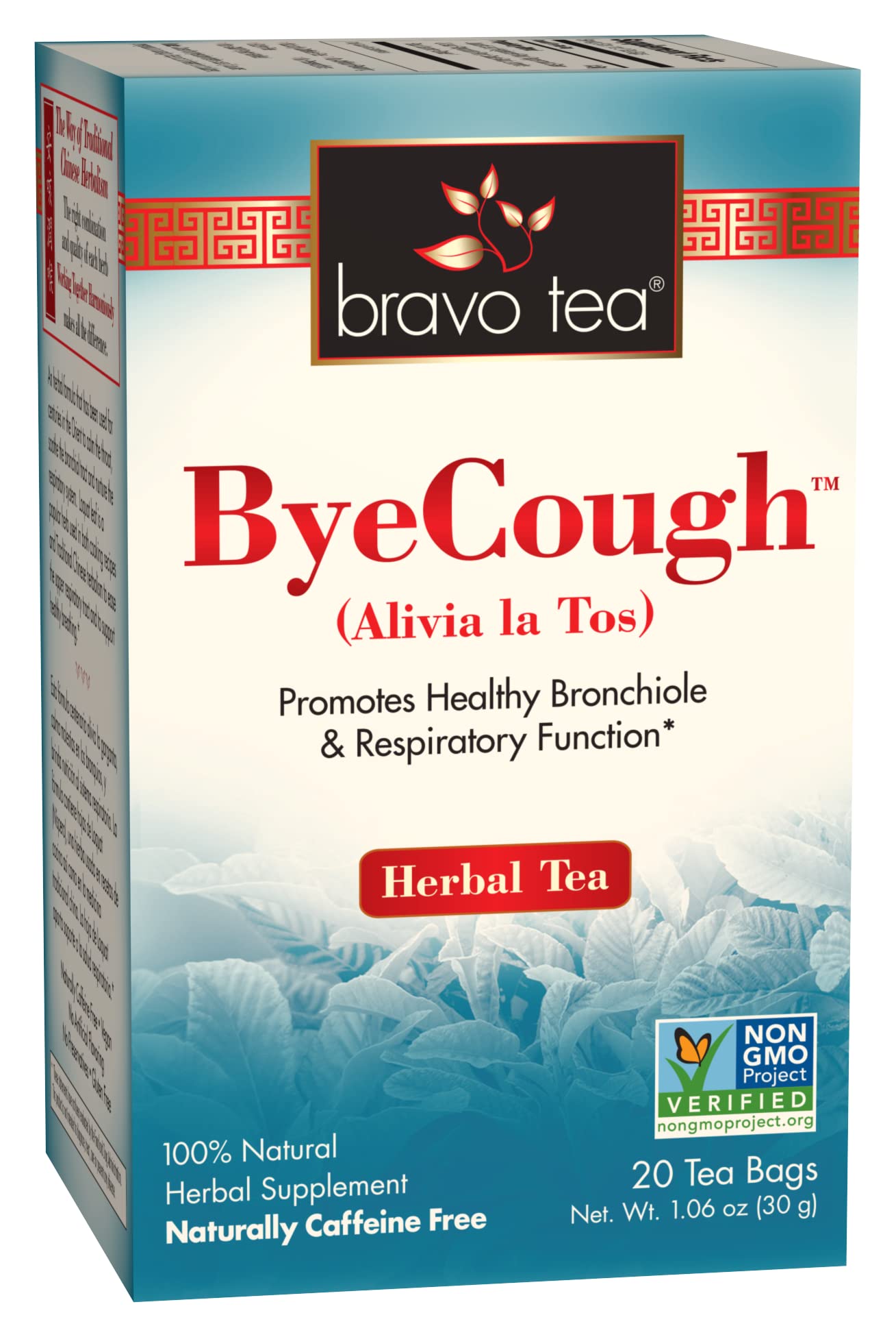 Bravo Tea Bye Cough tea bag image showing caffeine-free herbal blend for a soothing ritual