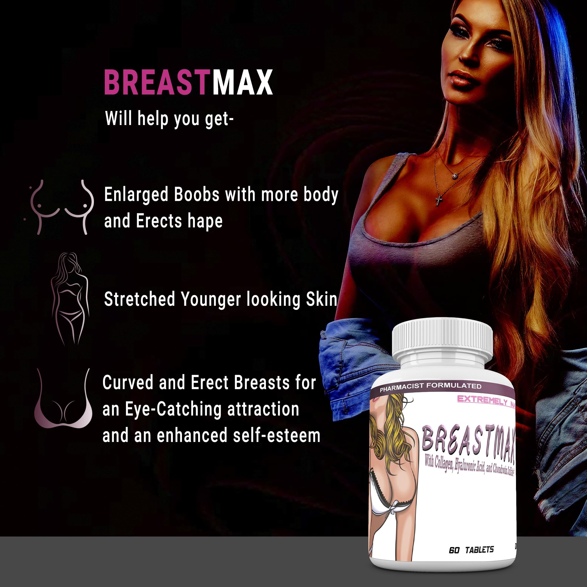 BREASTMAX bottle label highlights trusted ingredients for a non-surgical path to enhanced fullness.