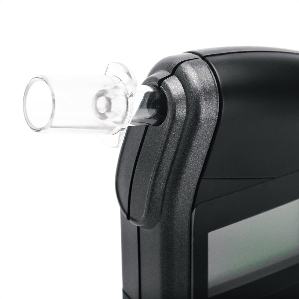 Breathalyzer mouthpiece food grade plastic closeup emphasizes safety.