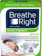 Breathe Right Extra Strength Clear nasal strip packaging for congestion relief.