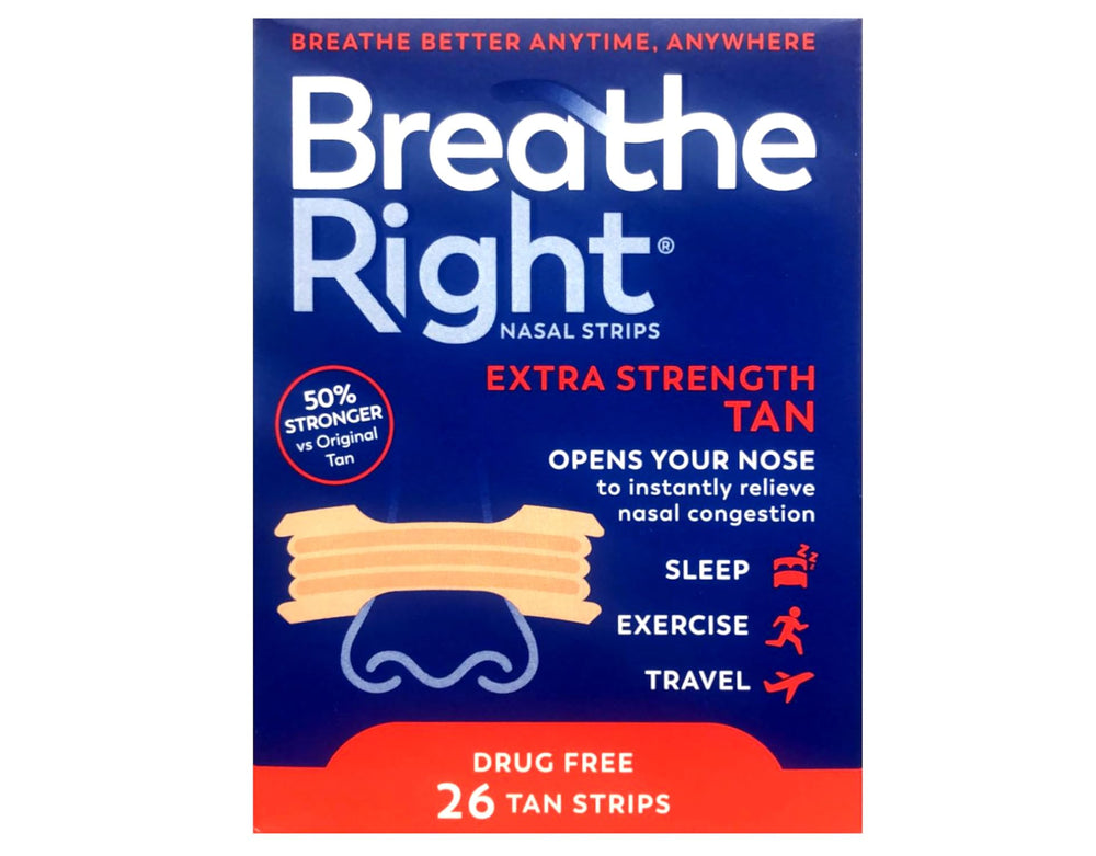 Breathe Right Extra Strength nasal strip box showing packaging for nighttime use and airflow support