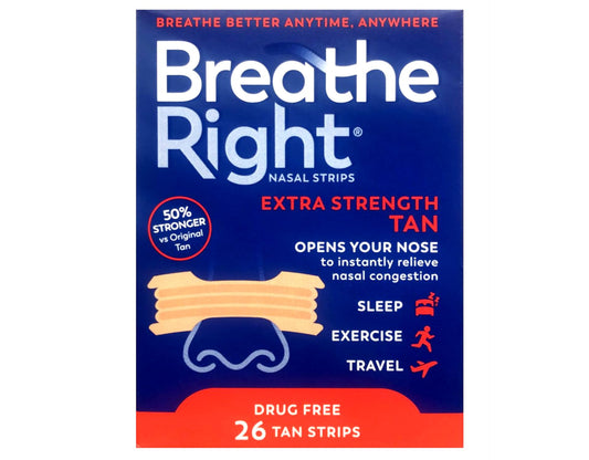 Breathe Right Extra Strength nasal strip box showing packaging for nighttime use and airflow support