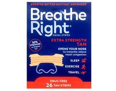 Breathe Right Extra Strength nasal strip box showing packaging for nighttime use and airflow support