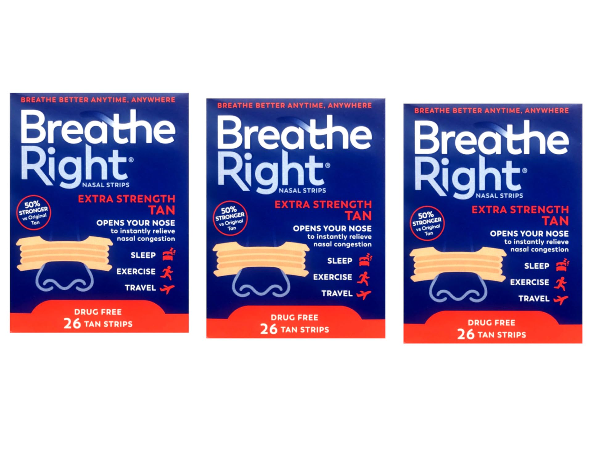Breathe Right Extra Strength nasal strip placed on the nose illustrating congestion relief at night