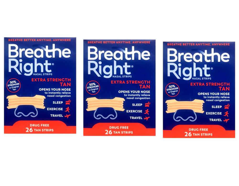Breathe Right Extra Strength nasal strip placed on the nose illustrating congestion relief at night