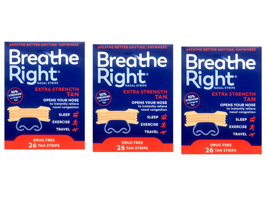 Breathe Right Extra Strength nasal strip placed on the nose illustrating congestion relief at night