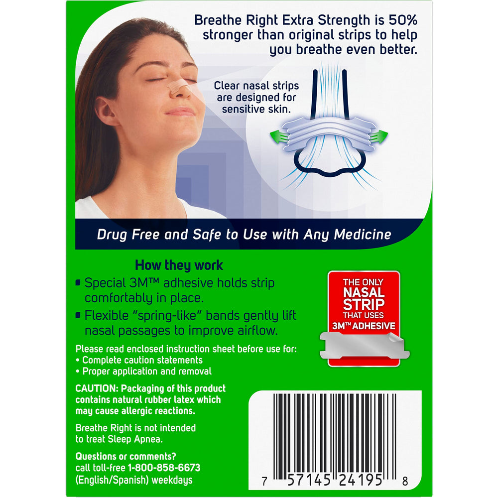 Breathe Right nasal strip applied on nose to improve airflow.