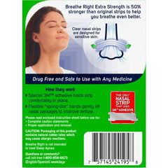 Breathe Right nasal strip applied on nose to improve airflow.
