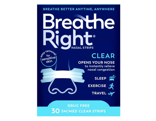 Breathe Right nasal strip front view with discreet skin-tone blend for subtle use