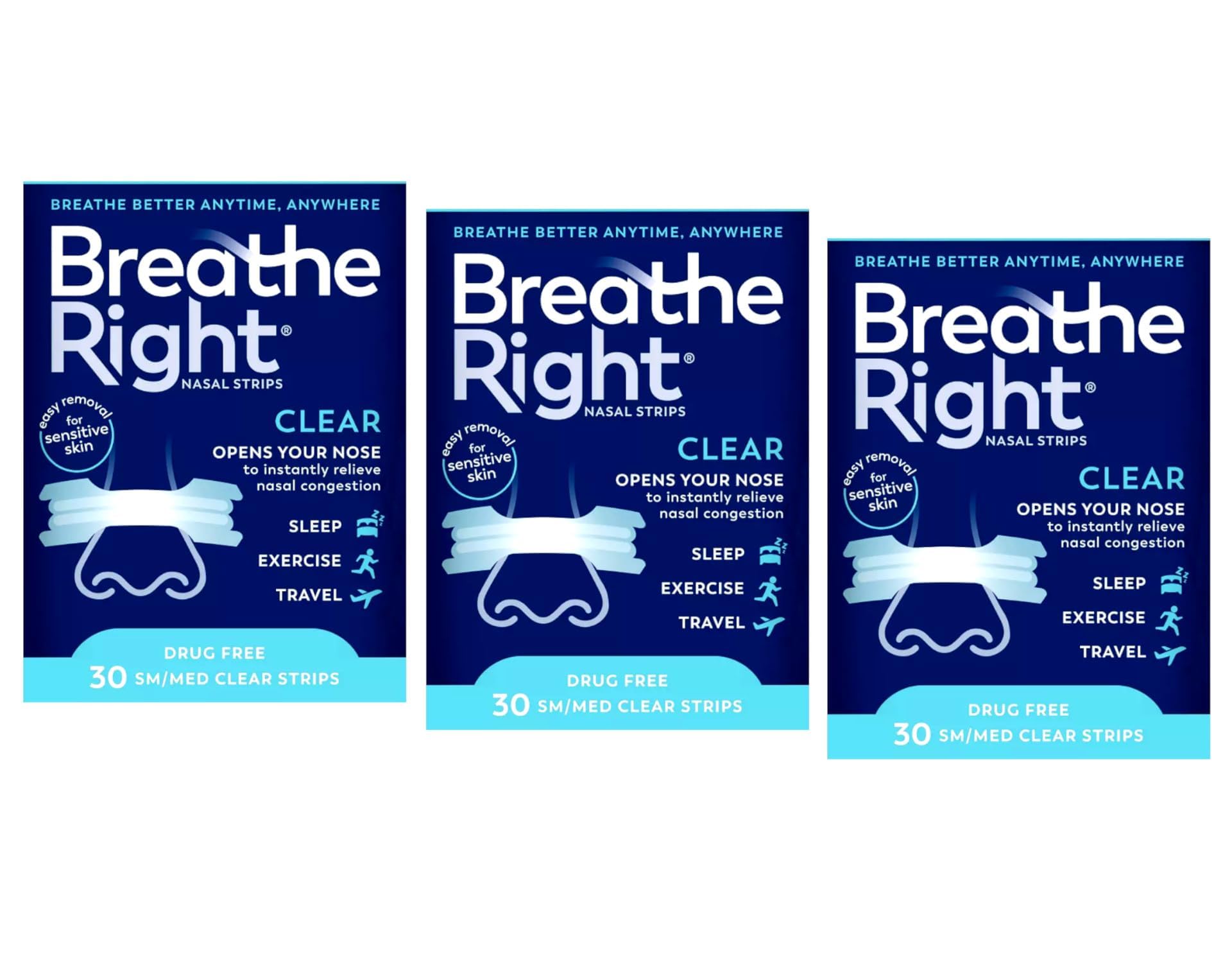 Breathe Right clear nasal strip on nose offering gentle, skin-friendly support