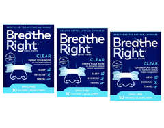 Breathe Right clear nasal strip on nose offering gentle, skin-friendly support