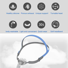 BreathHome nasal pillow with large nose adapter supports stable seal during movement.