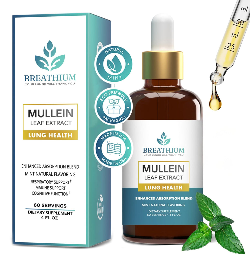 BREATHIUM bottle label for 4-in-1 mullein drops highlighting benefits and peppermint flavor