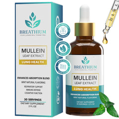 Breathium Mullein Drops bottle displayed for respiratory wellness support.