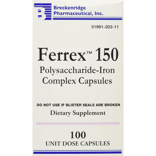 Breckenridge Ferrex bottle cap with 150 capsules for daily iron support.