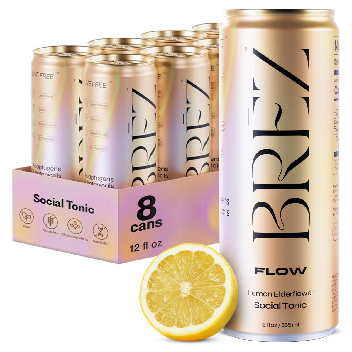 BREZ FLOW Lion’s Mane Lemon Elderflower can close-up, highlighting refreshing flavor and potential focus support.
