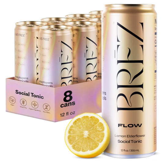 BREZ FLOW Lion’s Mane Lemon Elderflower can close-up, highlighting refreshing flavor and potential focus support.