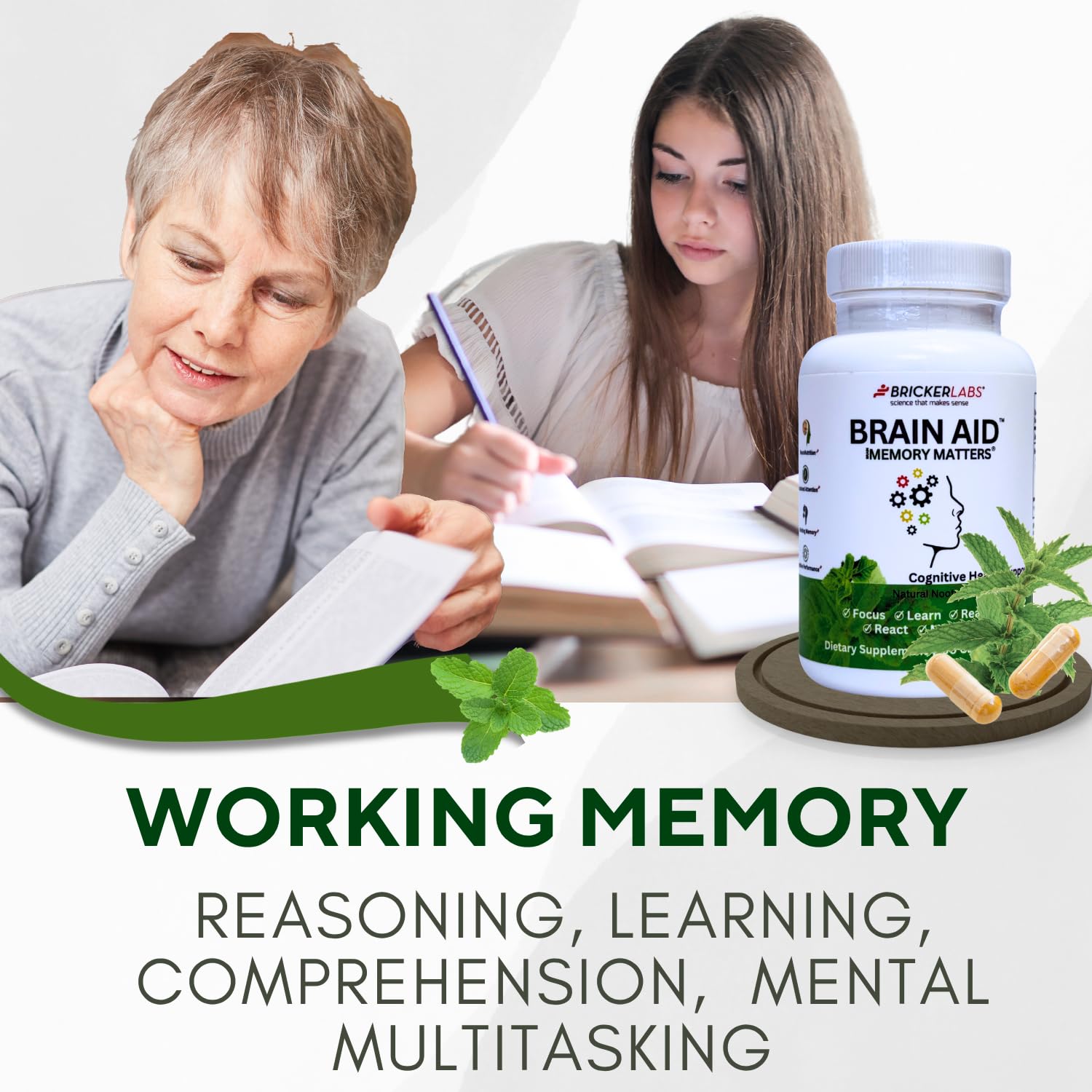 Bricker Labs bottle and leaf motif convey natural ingredients for brain health.