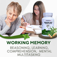 Bricker Labs bottle and leaf motif convey natural ingredients for brain health.