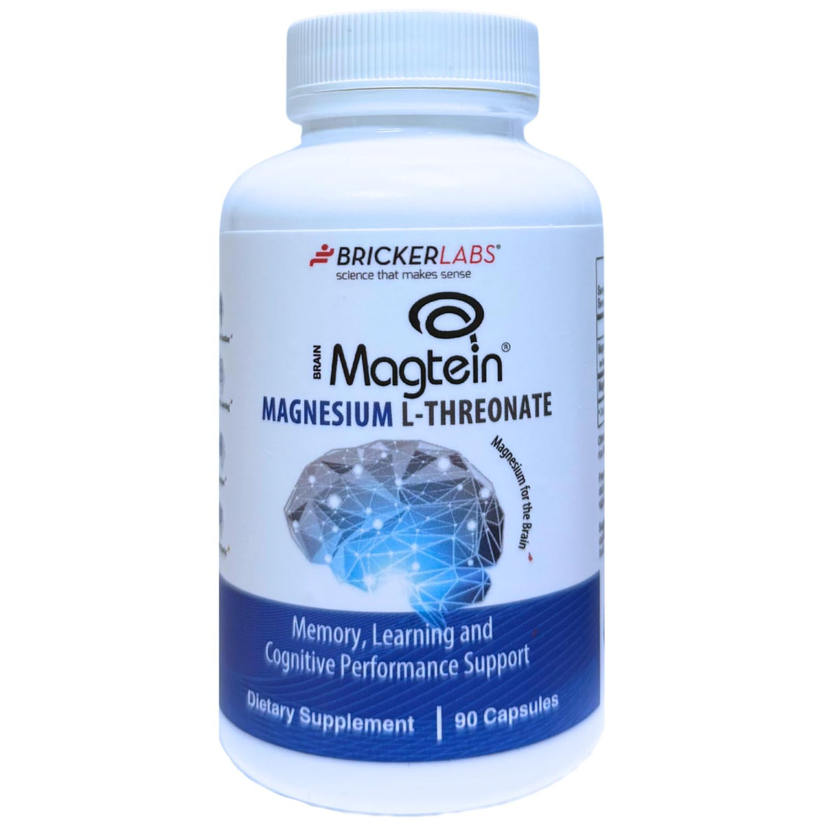 Bricker Labs Magtein bottle with clear label conveying brain health benefits