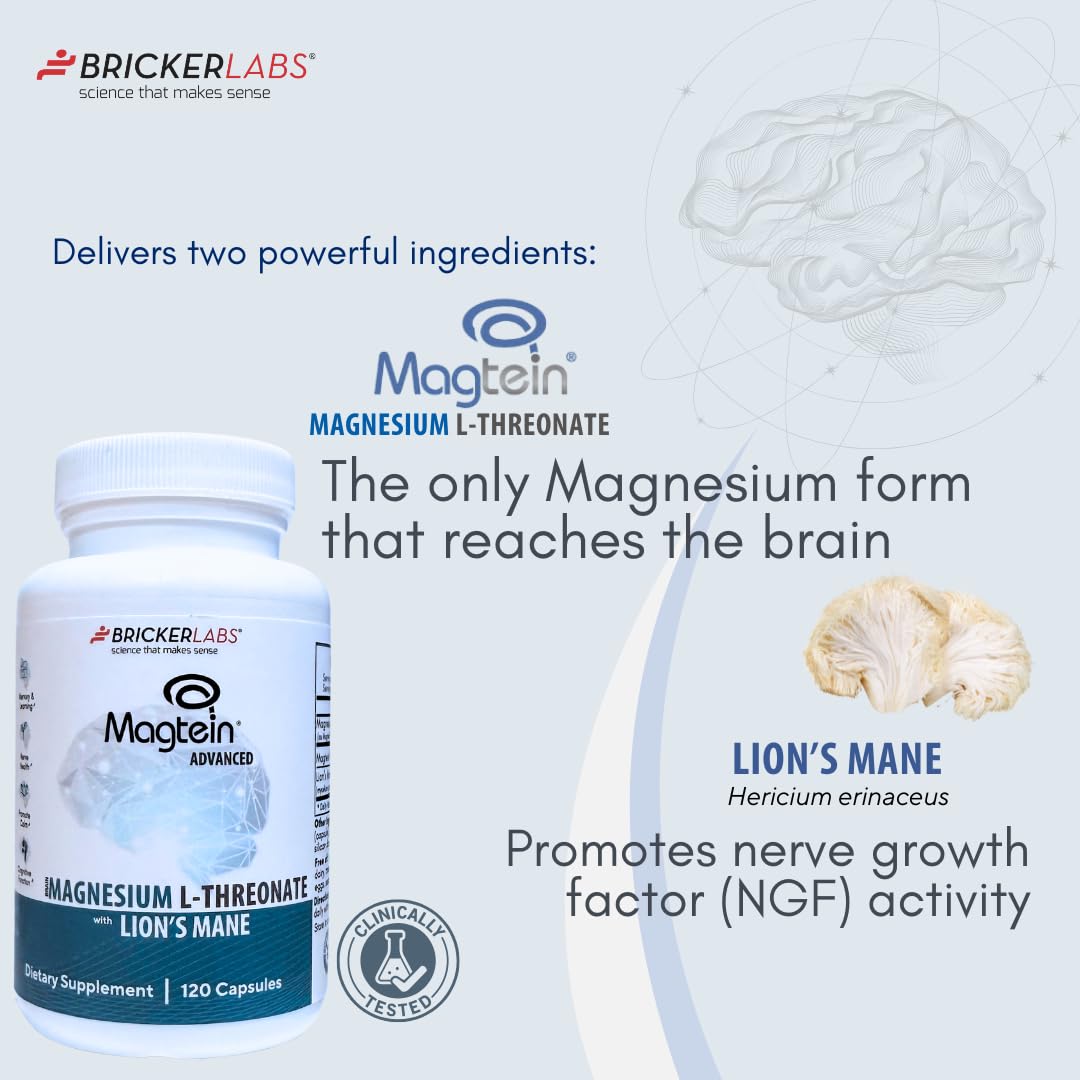 Bricker Labs Magtein Lion Mane capsules close-up for cognitive support