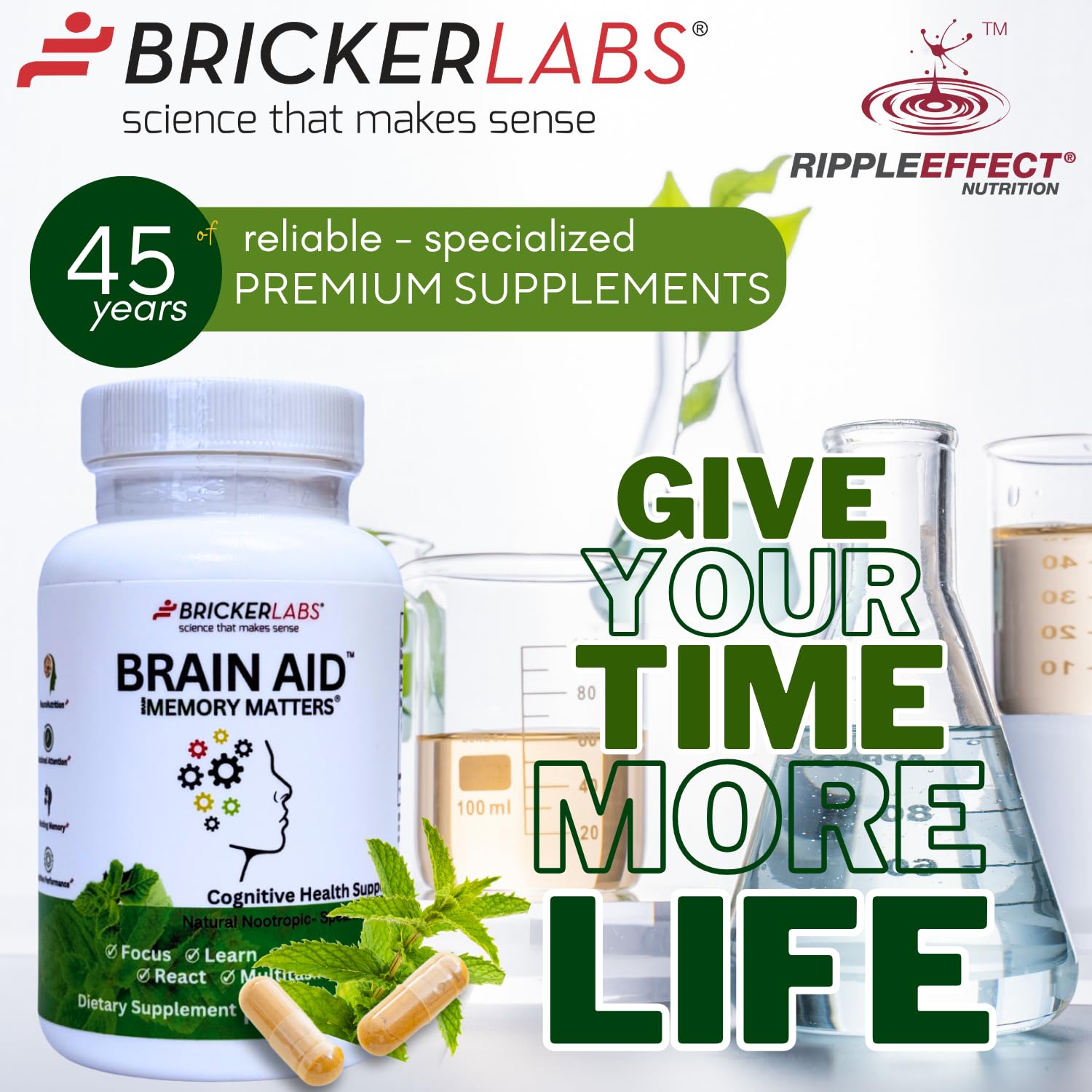 Bricker Labs Memory Matters packaging highlights cGMP USA facility quality.