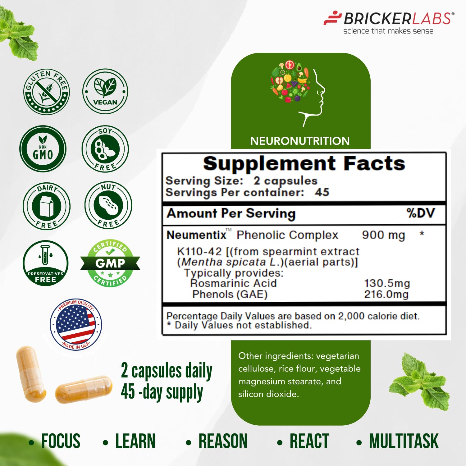 Bricker Labs capsule close-up shows plant-based nootropic benefits.
