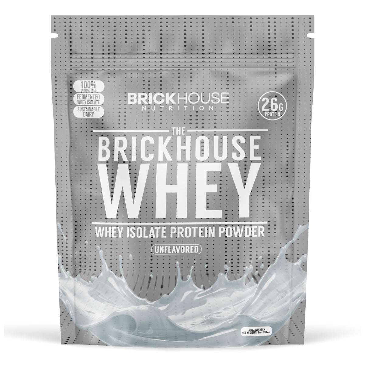 BrickHouse Nutrition Whey Protein Fermented Isolate bottle highlights high-leucine formula for recovery