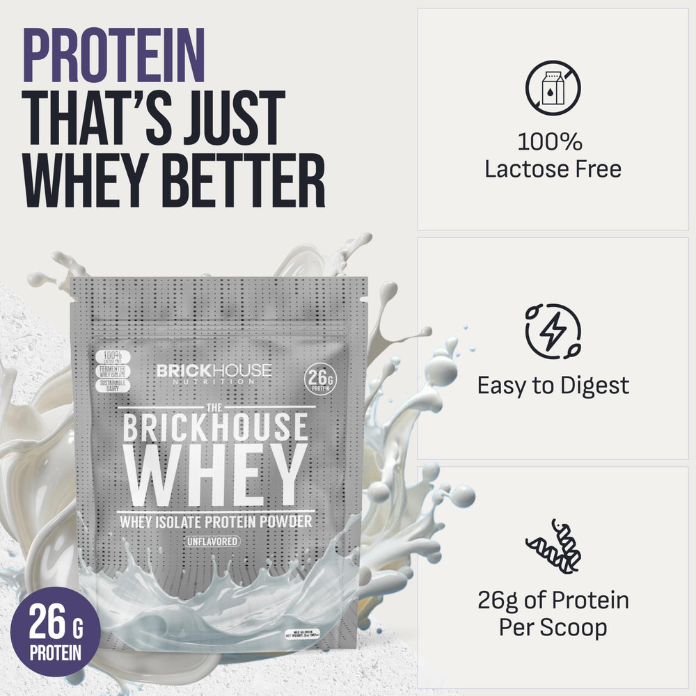 BrickHouse Nutrition Whey Protein Unflavored powder tub offers smooth mixability