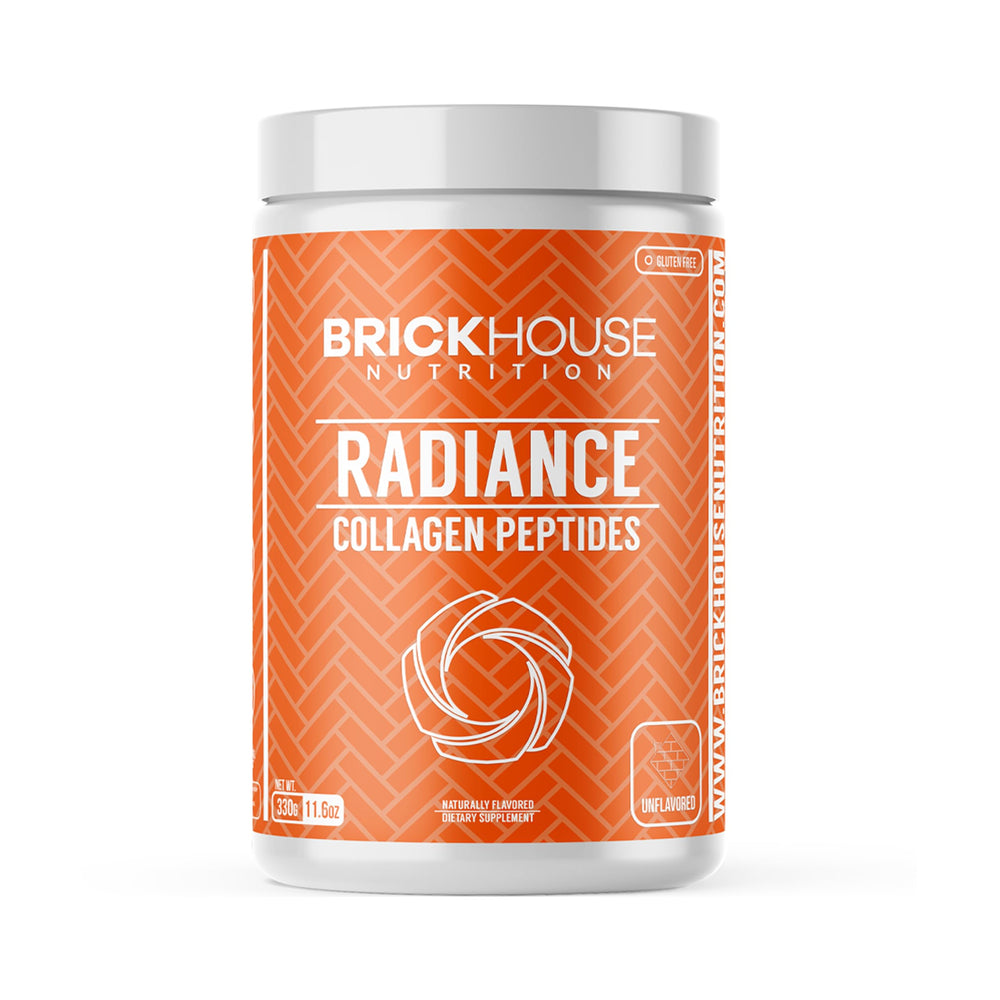 BRICKHOUSE Radiance collagen powder bottle supports skin and hair health.