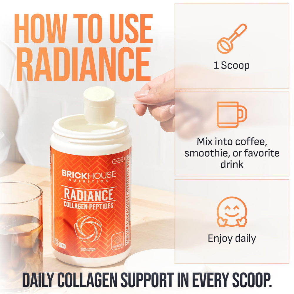 BRICKHOUSE Radiance blend with five collagen types I, II, III, V, and X.
