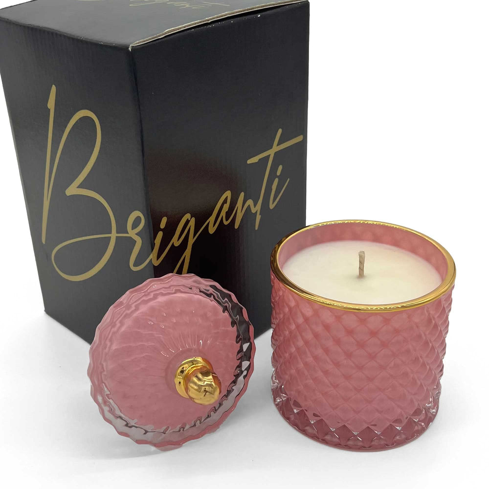 BRIGANTI Scented Soy Candle in Pomegranate Bliss pink jar for cozy home spaces.
