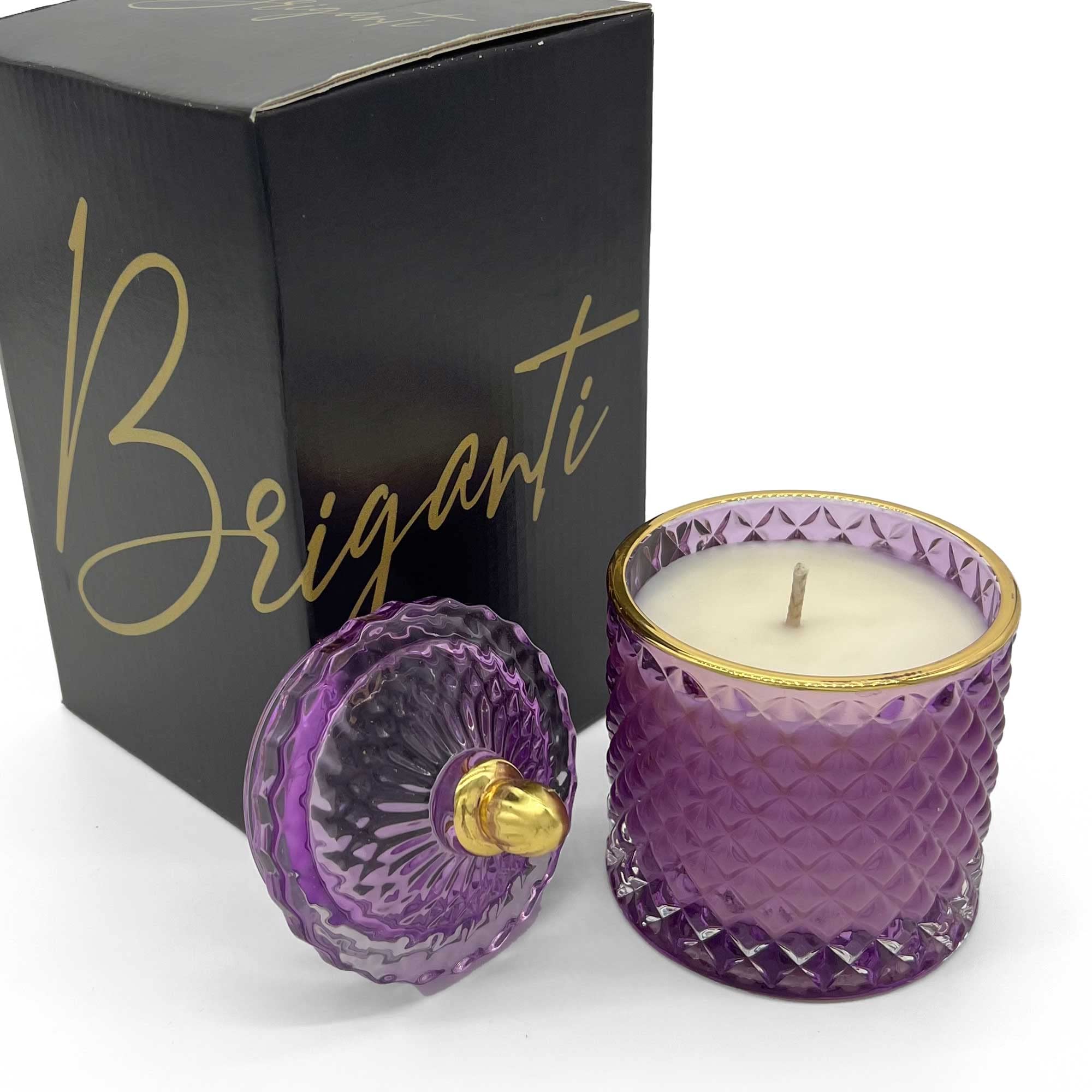 BRIGANTI Vanilla Cupcake soy candle in violet glass jar creates calming ambiance.