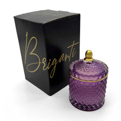 BRIGANTI violet-gold glass jar candle showcases elegant décor and ambient scent.