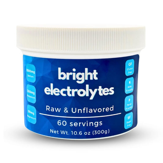 Bright Electrolytes jar front showing Raw and Natural hydration formula