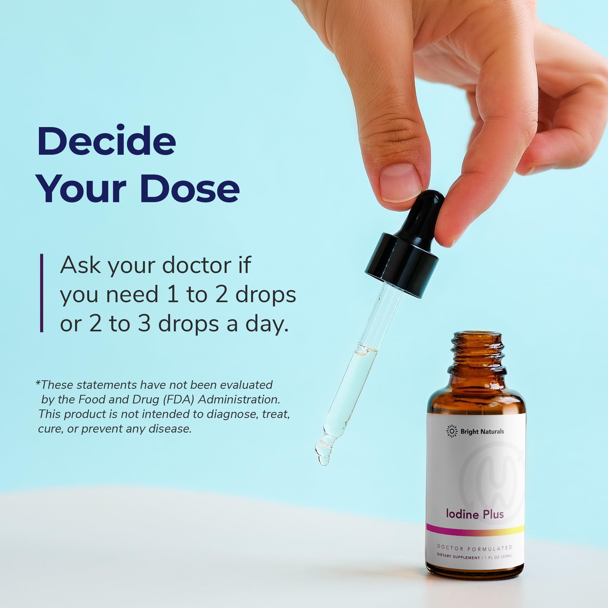 Bright Naturals Iodine Plus glass-vial presentation emphasizes purity and premium packaging.