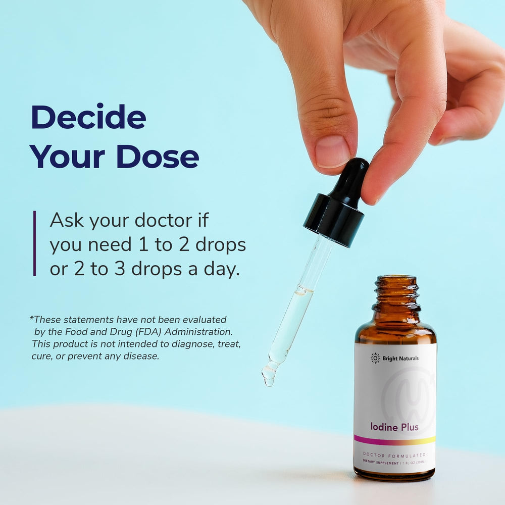 Bright Naturals Iodine Plus glass-vial presentation emphasizes purity and premium packaging.