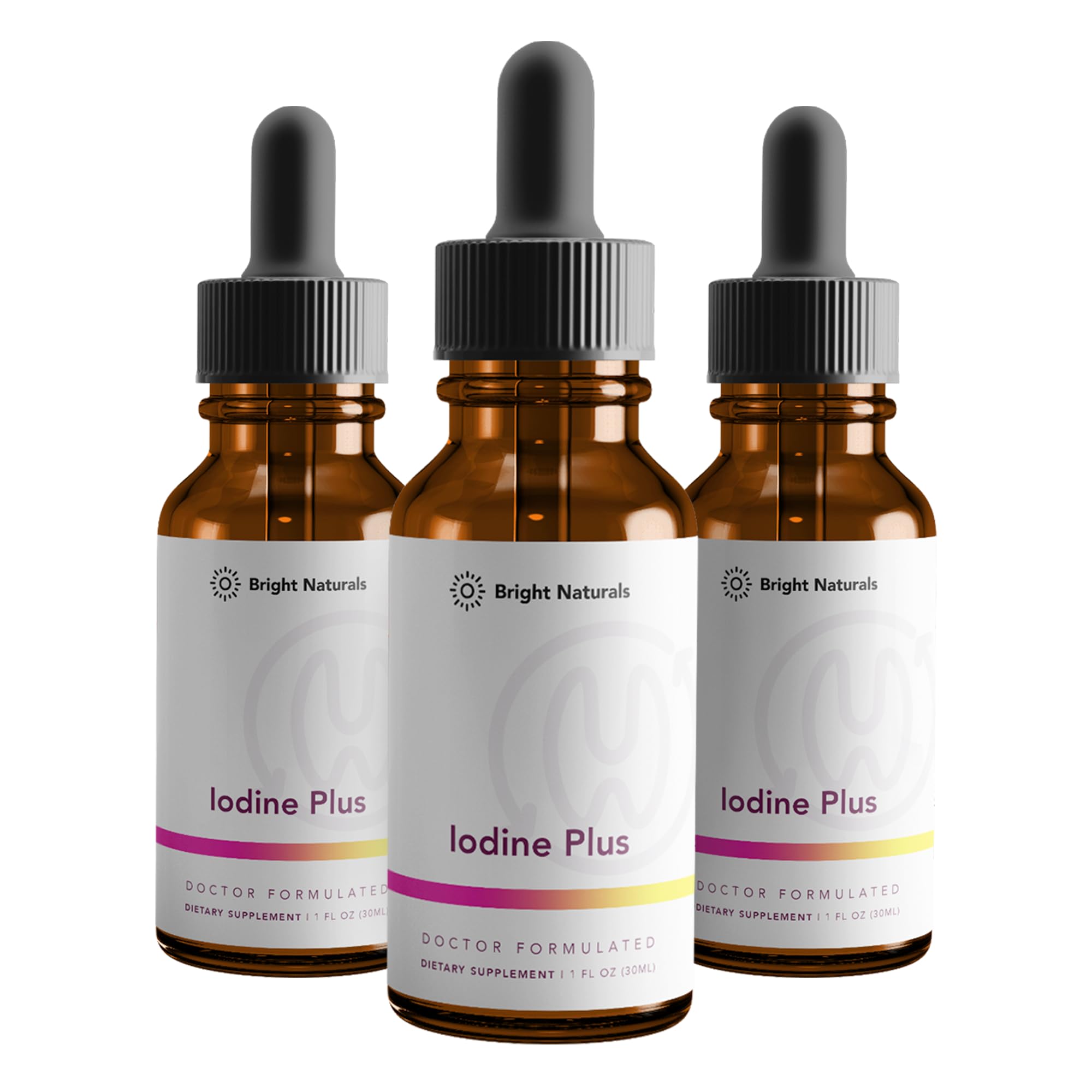 Bright Naturals Iodine Plus liquid bottle shows kelp-based formula for thyroid-supporting wellness.