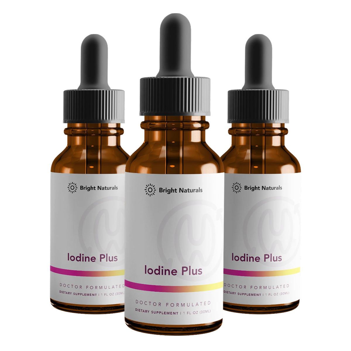 Bright Naturals Iodine Plus liquid bottle shows kelp-based formula for thyroid-supporting wellness.