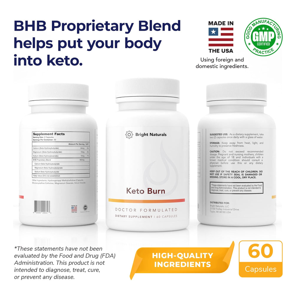 Bright Naturals Keto Burn packaging box highlighting USA-made formulation and design.