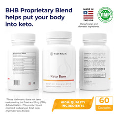 Bright Naturals Keto Burn packaging box highlighting USA-made formulation and design.