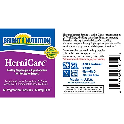 Bright Nutrition HerniCare bottle label close-up highlighting herbal ingredients